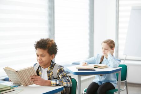 Portrait of two kids sitting at desks in modern school classroom, focus on smiling African-American boy reading book in foreground, copy spaceの写真素材