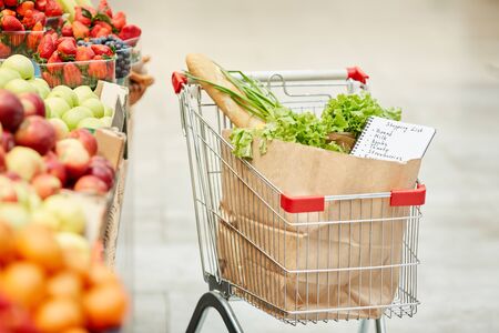 Background image of shopping cart with fresh groceries in supermarket, copy space, no peopleの写真素材