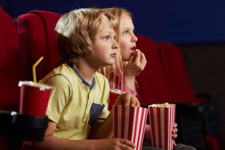 Side view portrait of two kids with open mouths watching movie in cinema theater and eating popcorn, copy spaceの写真素材