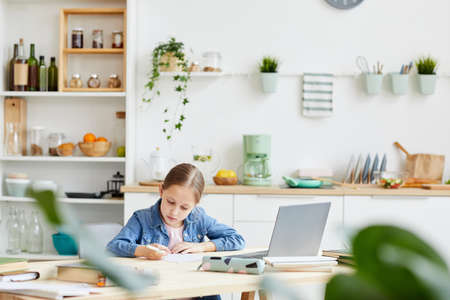 Wide angle portrait of cute smart girl writing in notebook while doing homework or studying at home in cozy interior, copy spaceの写真素材