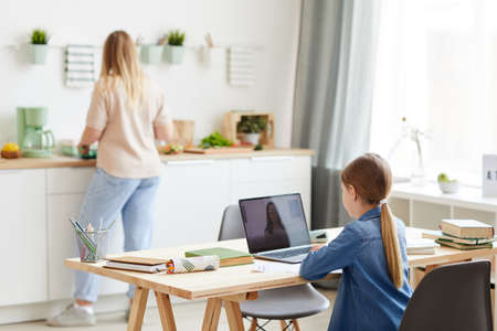 Back view portrait of little girl using laptop during online class with tutor or teacher while sitting at desk in cozy kitchen interior with mother in background, copy spaceの写真素材