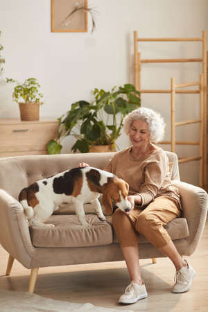 Vertical full length portrait of smiling senior woman playing with dog and giving him treats while sitting on couch in cozy home interiorの写真素材
