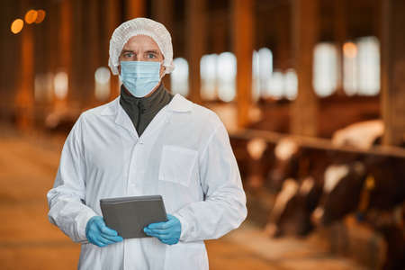 Waist up portrait of mature veterinarian wearing mask at farm and looking at camera while holding...
