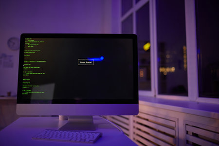 No people shot of soft developers workplace with modern computer monitor with code program on screen
