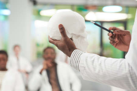 Close up of unrecognizable African American man holding skull model while giving lecture on medicine in college or coworking centerの写真素材