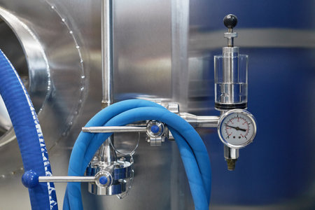 Close up background image of pressure gauge on steel tank in brewery workshop, copy space