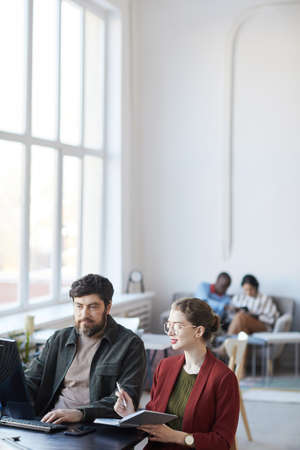 Vertical portrait of bearded business manager talking to female colleague during meeting at table in white office interior, copy spaceの写真素材