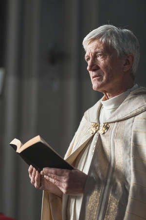 Senior priest standing with Bible and reading prayers during wedding in the churchの写真素材