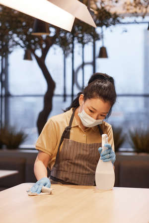 Vertical portrait of young woman wearing mask while cleaning tables in modern restaurant interior,...