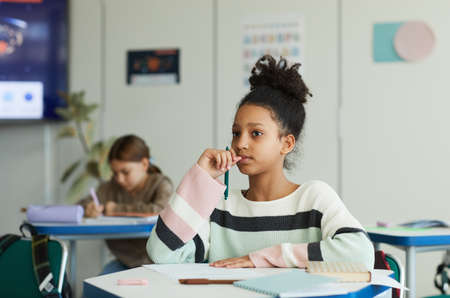 Portrait of teenage African-American girl sitting at desk in school classroom, copy spaceの写真素材
