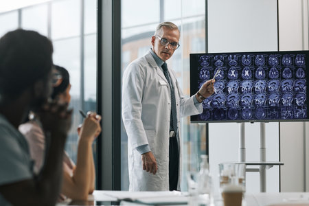Waist up portrait of mature doctor giving presentation at medical conference and pointing at x-ray images, copy spaceの写真素材