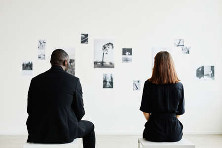 Minimal back view at elegant couple looking at black and white photographs in modern art gallery, copy spaceの写真素材