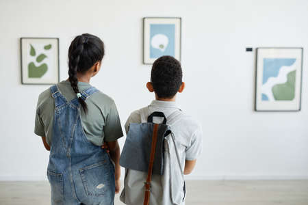 Back view at two schoolchildren visiting art gallery and looking at modern abstract paintings, copy spaceの写真素材