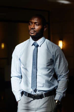 Vertical portrait of handsome African-American businessman looking away in sunlightの写真素材