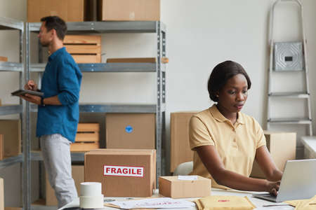 Portrait of young African-American woman using laptop in warehouse while managing shipping service, copy spaceの写真素材