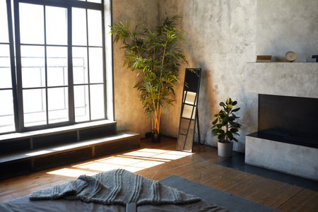 Background image of empty room lit by sunlight focus on big windows with loft design elements, copy spaceの写真素材