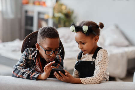 Front view portrait of two African-American kids using smartphone together in cozy home interior, copy spaceの写真素材