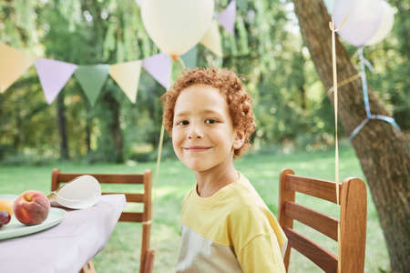 Portrait of smiling boy looking at camera at picnic table outdoors enjoying Birthday party in Summerの写真素材