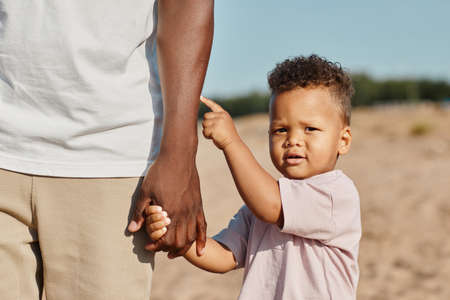 Portrait of cute African-American toddler holding hands with dad while enjoying walk on beach in sunlight, copy spaceの写真素材