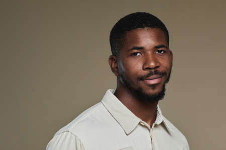 Minimal portrait of young African-American man looking at camera and smiling while posing against neutral brown beige background, copy spaceの写真素材