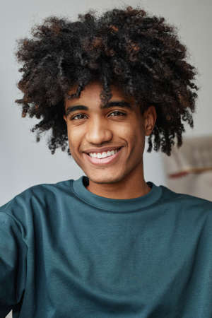 Vertical portrait of smiling African-American teenager smiling at camera with focus on natural curly...