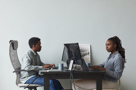 Minimal side view portrait of two African-American young people using computers and writing code while working in software development office, copy spaceの写真素材
