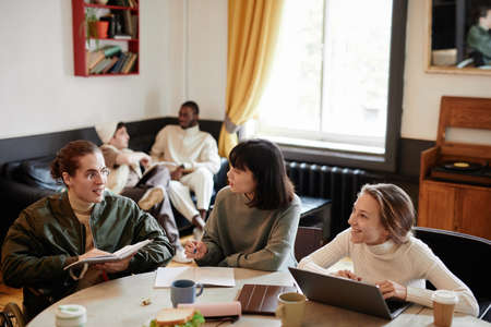 Group of students sitting at the table with laptop and books and preparing for the exam together in the roomの写真素材