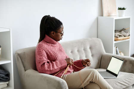 Portrait of young African-American woman knitting at home and looking at laptop with blank screen, copy spaceの写真素材