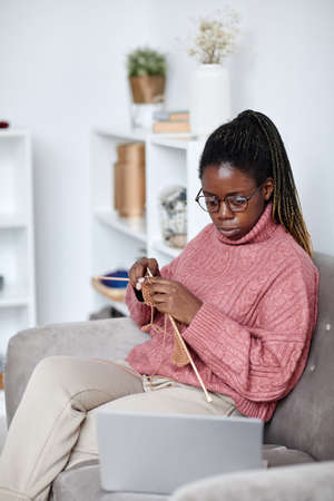 Vertical portrait of young African-American woman knitting at home and looking at laptop screen, watching educational videosの写真素材