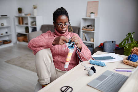 Portrait of young African-American woman knitting at home in cozy room, copy spaceの写真素材