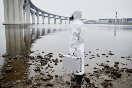 Full length portrait of man wearing hazmat suit standing by water, toxic waste and pollution concept, copy spaceの写真素材