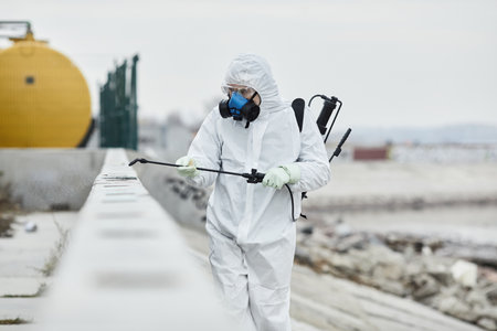 Portrait of worker wearing protective suit disinfecting industrial area while walking towards camera, copy spaceの写真素材