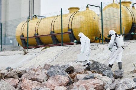 Wide angle view at two scientists wearing hazmat suits collecting samples outdoors, toxic waste and pollution concept, copy spaceの写真素材