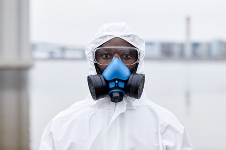 Portrait of African-American man wearing protective gear and looking at camera outdoorsの写真素材