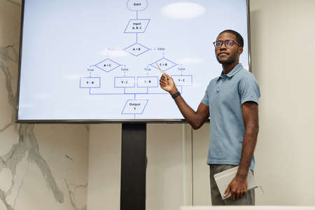 Portrait of young African-American teacher pointing at digital blackboard in coding class, copy spaceの写真素材