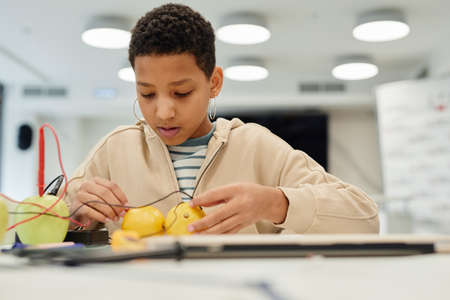 Portrait of teenage girl working on science experiment in school classroom, copy spaceの写真素材