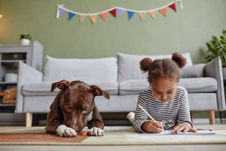 Front view portrait of cute African-American girl lying on floor with big dog, copy spaceの写真素材