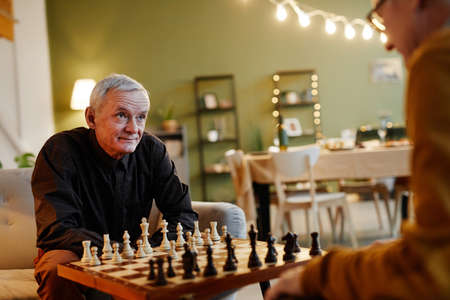 Pair of old Caucasian men siting in beautiful living room with served dining table on background and...