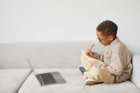 Minimal side view portrait of young African-American boy writing in notebook while studying at home sitting on sofa, copy spaceの写真素材