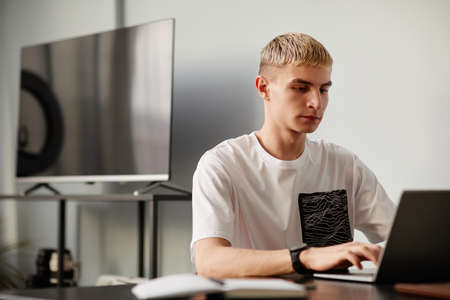 Portrait of blonde young man using computer in modern apartment, copy space