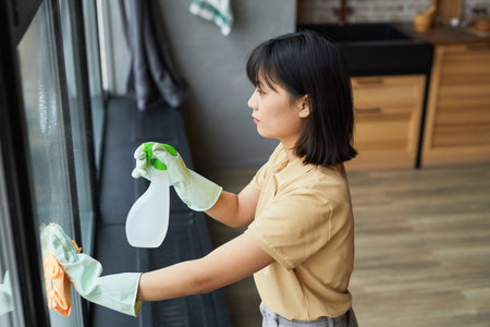 High angle portrait of young Asian woman cleaning windows at home, copy space