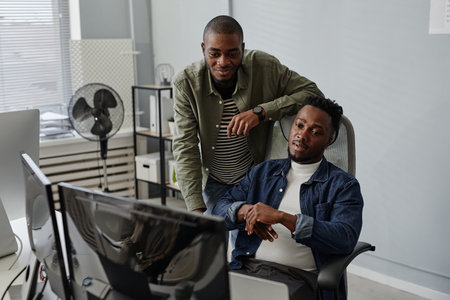 Two young colleagues of African ethnicity discussing working information on computer screen at meeting in openspace bureauの写真素材