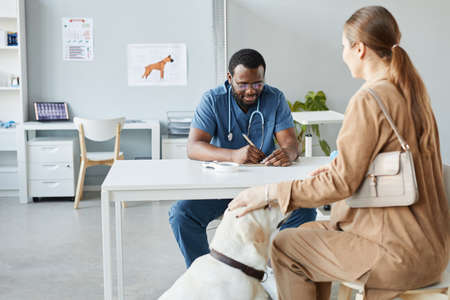 Young blackman in medical uniform prescribing medicine for labrador retriever dog sitting by female...