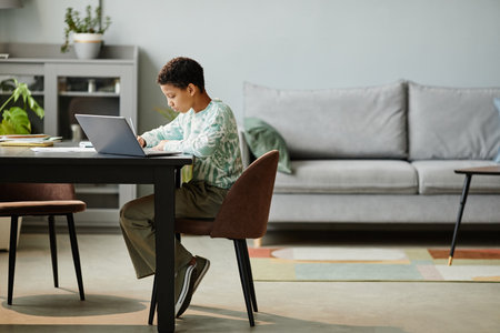Full length side view portrait of black teenage girl studying at home in cozy minimal interior, copy spaceの写真素材