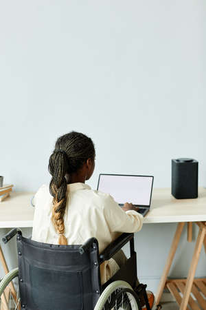 Minimal back view of young African American woman in wheelchair using laptop while working at home...