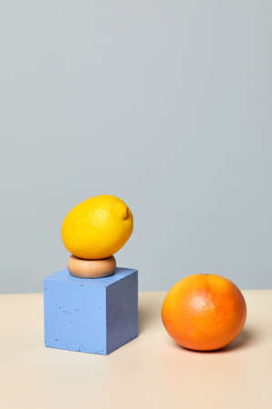 Minimal image of tropical fruits stacked against pastel background, 3D shape and art concept, dietingの写真素材