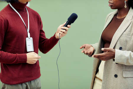Medium section of young gallerist holding microphone taking interview of African American female photographer on exhibition day in art galleryの写真素材