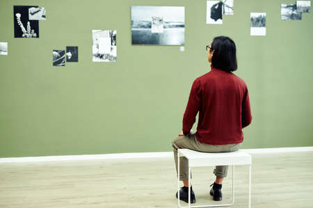 Rear view of unrecognizable young man sitting on stool in modern art gallery looking at black and white photos on green wallの写真素材