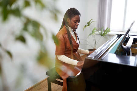 African young woman sitting behind the grand piano and learning to play the classical music in the classの写真素材
