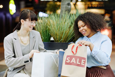 Portrait of two smiling young women looking into shopping bags in mall while sitting on bench, African American and Caucasianの写真素材